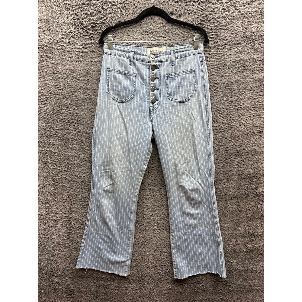 Reformation McGraw Crop Pinstripe Flared Denim Jeans Trinidad Womens Size 28